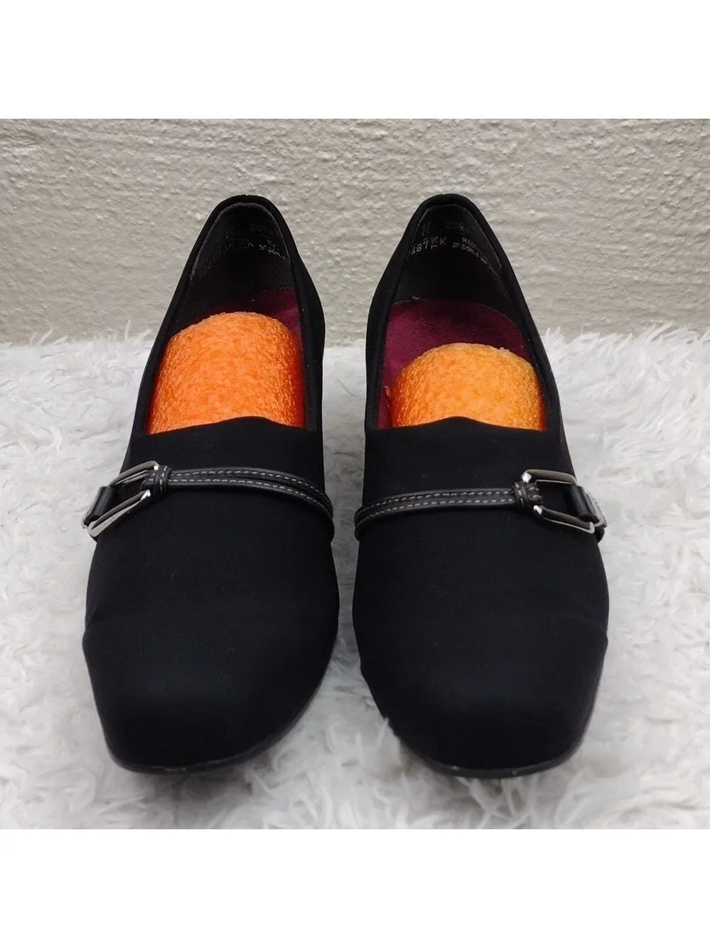 Munro Proper Size Black Fabric Buckle Detail Upper Square Toe Low Heel Shoe